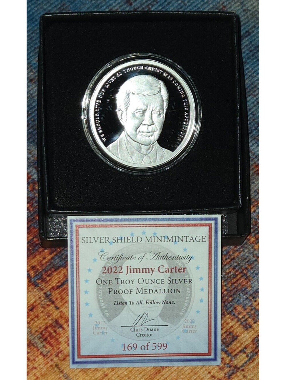 JIMMY CARTER 1oz Proof 2022 Silver Shield COA #169 / 599 Minimintage LOW COA New